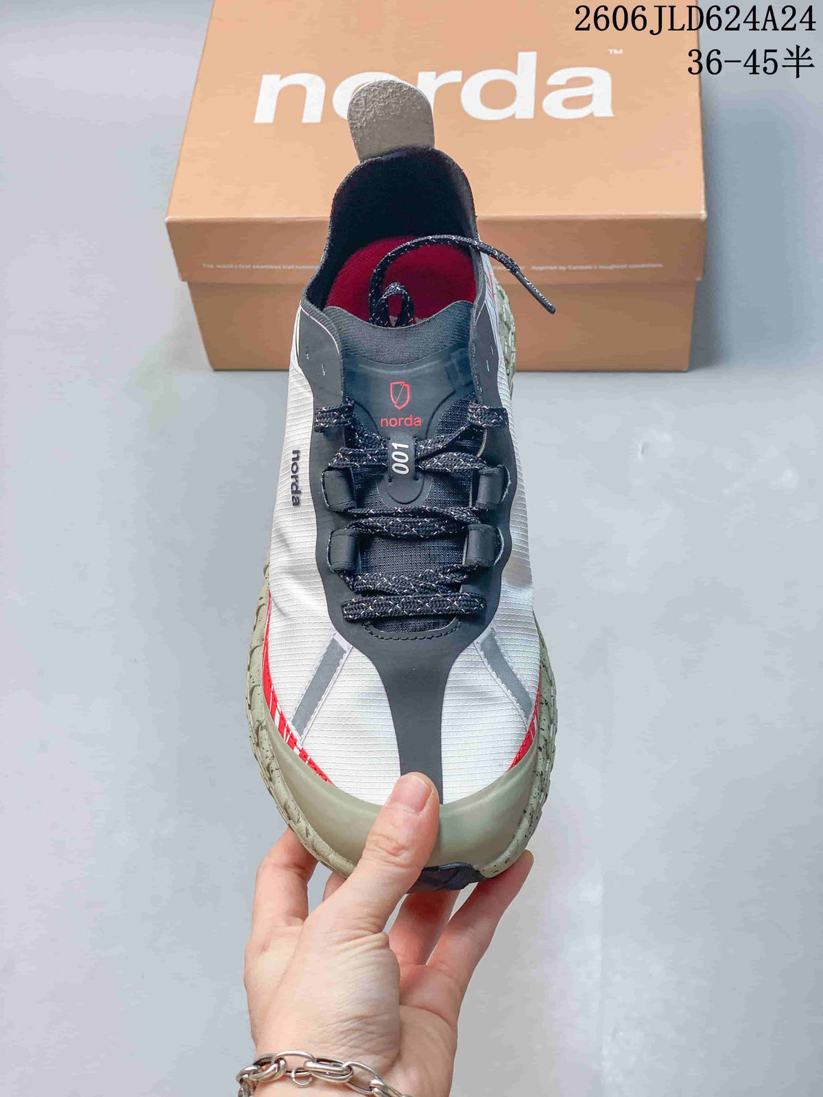 Top view showing the lace-up closure and white, gray, and red upper.