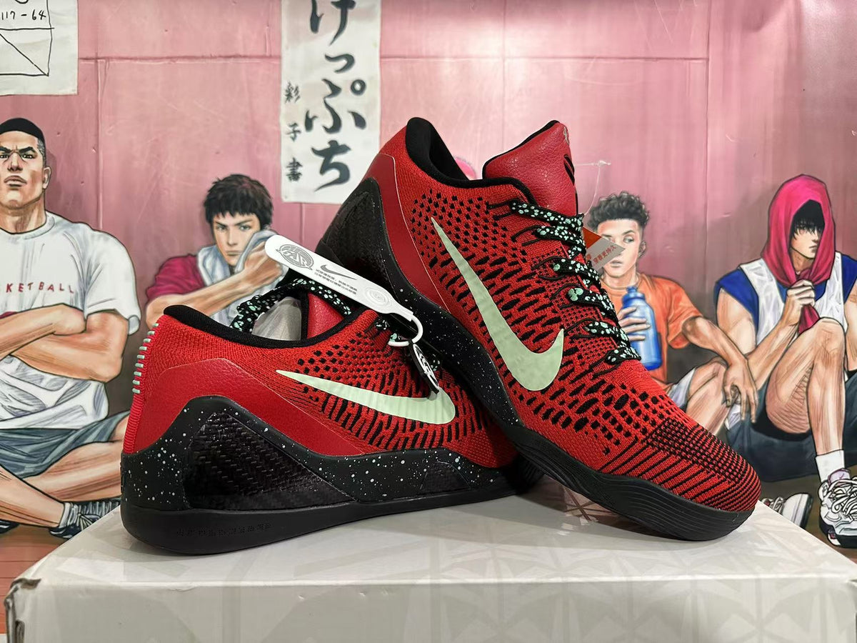 Pair of red and black low-top shoes shown from the side, with patterned uppers and black soles.