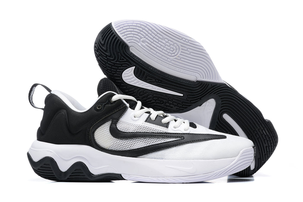 White basketball shoe with black accents and outsole