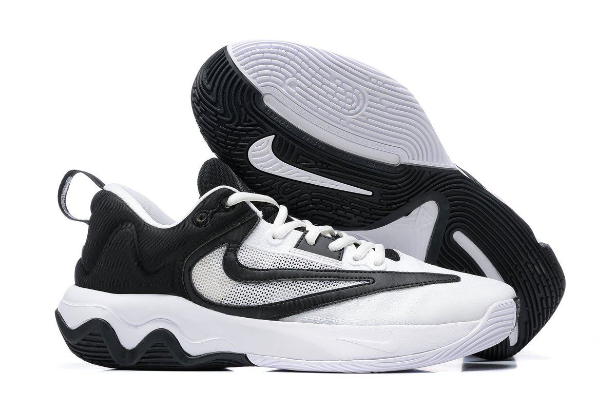 White basketball shoe with black accents and outsole