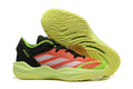 Adizero sneaker in coral orange, black, white and lime green with a pale green patterned sole