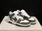 Three-quarter front view highlighting the white upper, olive overlays, laces, and detachable hangtag.