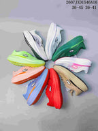 Multiple Lacoste Neo Run sneakers arranged in a circular display in several colors; visible text includes style code 2607JXD1546A16 and size ranges 36–45 and 36–41.