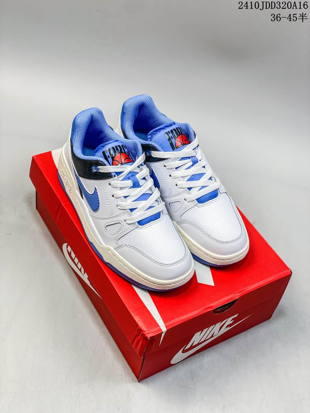 Nike Full Force LO sneakers shown on a red Nike shoebox in a white, blue and black colorway; visible text shows style code 2410JDD320A16 and size range 36–45.5.