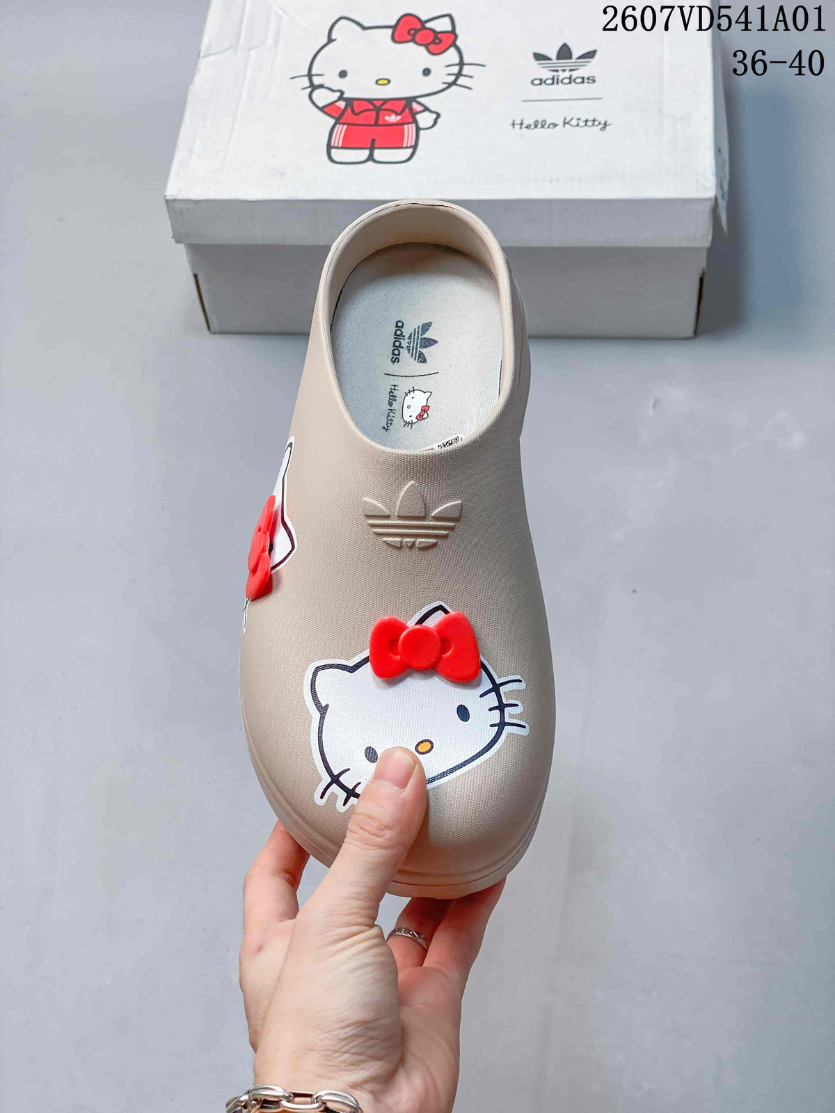 Top view of the mule clog with a Hello Kitty face graphic and red bow