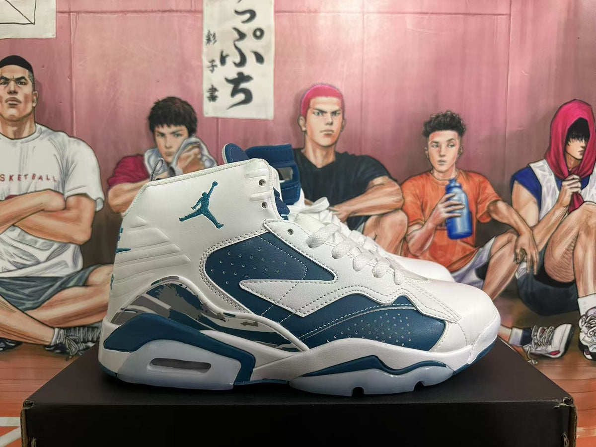 Side profile of white and blue high-top sneakers with perforated panels and a visible Air unit