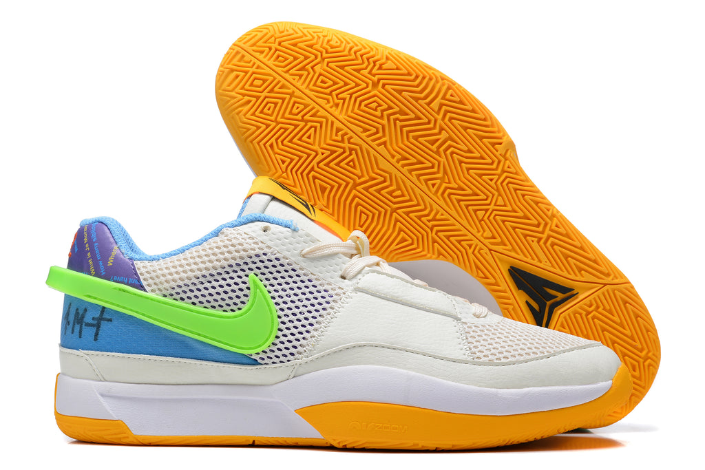 Cream Nike Ja 1 shoes with bright green, blue, and orange accents.