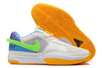 Cream Nike Ja 1 shoes with bright green, blue, and orange accents.