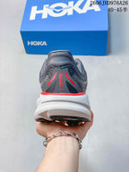 Rear view of a gray HOKA Bondi 9 shoe with red heel detailing