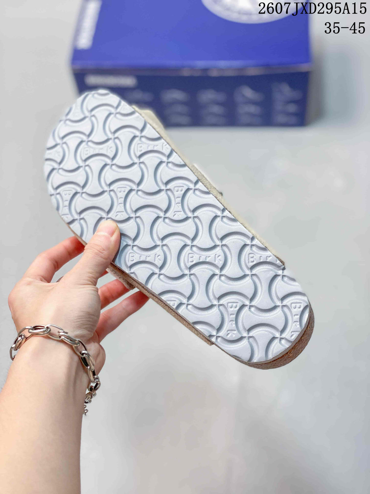 Close-up of the sandal outsole showing a repeating embossed tread pattern and cork-look midsole edge.