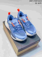 Blue and orange The North Face Altamesa 500 sneakers displayed on a shoe box, with the size range and style code overlaid at the top.