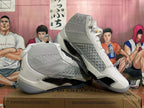 Pair of white and metallic silver Jordan basketball shoes shown from the sides