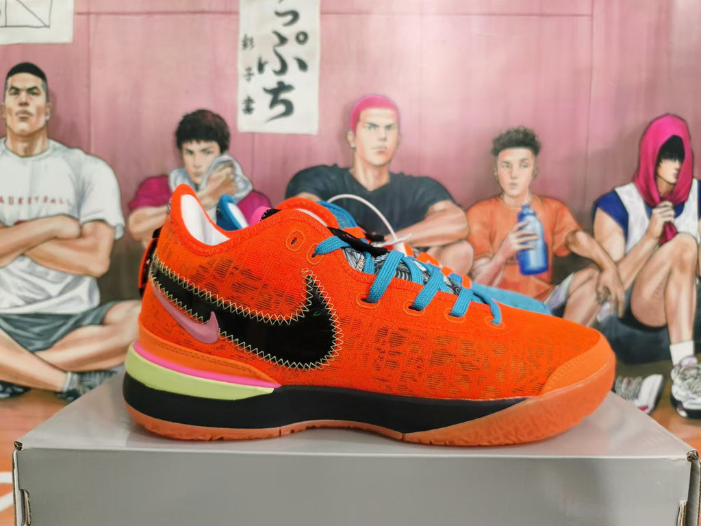 Side view of the orange shoe showing a black Swoosh, stitched detailing, and layered sole.