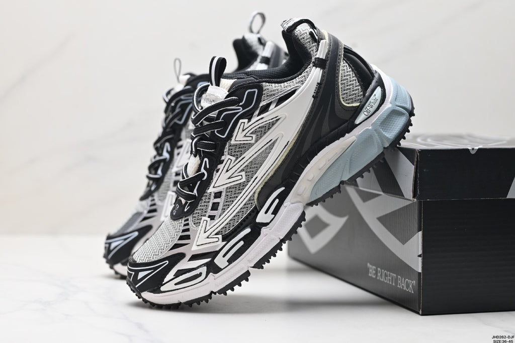 Black, white, and grey Off-White Be Right Back sneakers displayed beside their branded box.
