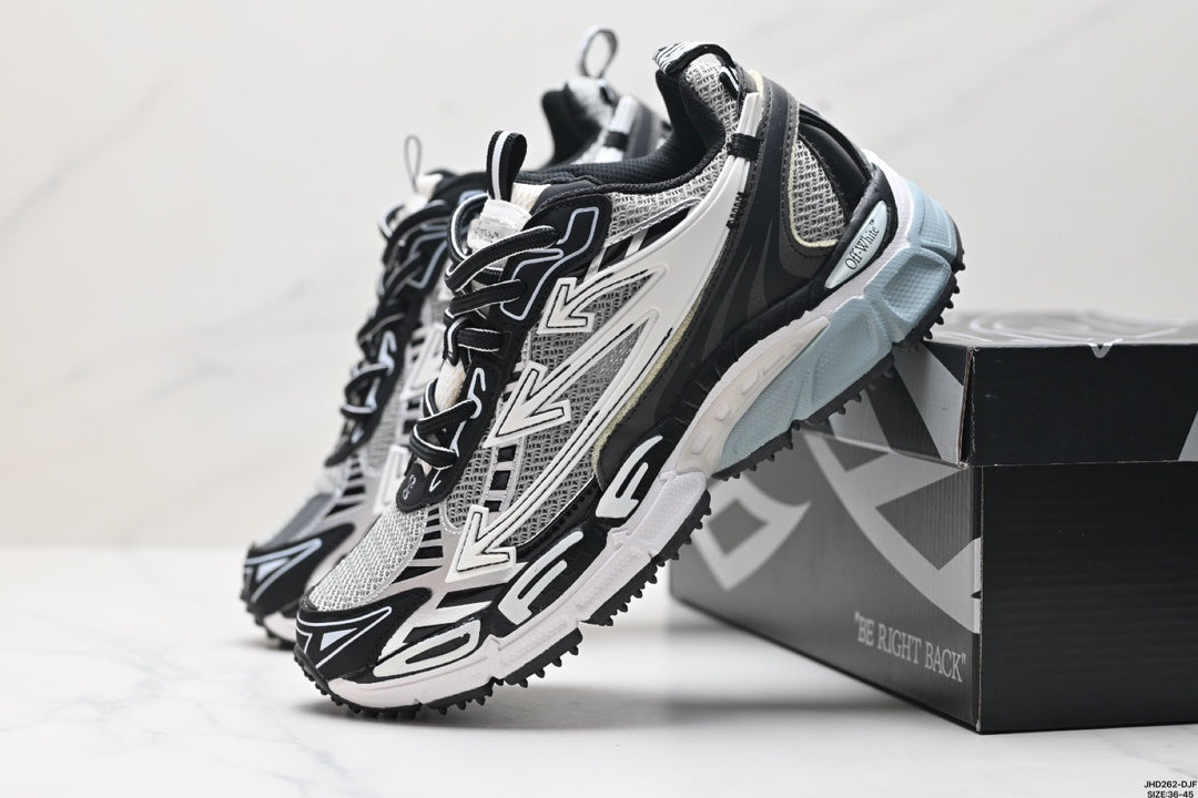 Black, white, and grey Off-White Be Right Back sneakers displayed beside their branded box.