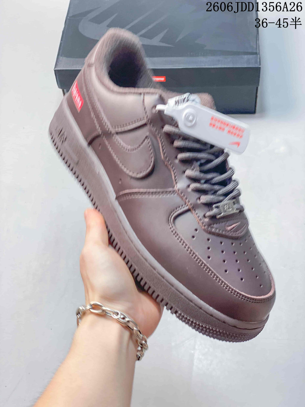 Angled view of the brown Nike Air Force 1 '07 sneaker