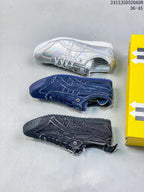 Three low-top sneakers shown in silver, blue denim-style, and black colorways beside a yellow shoebox; style code 2412JGD320A08 and size range 36–45 are visible.