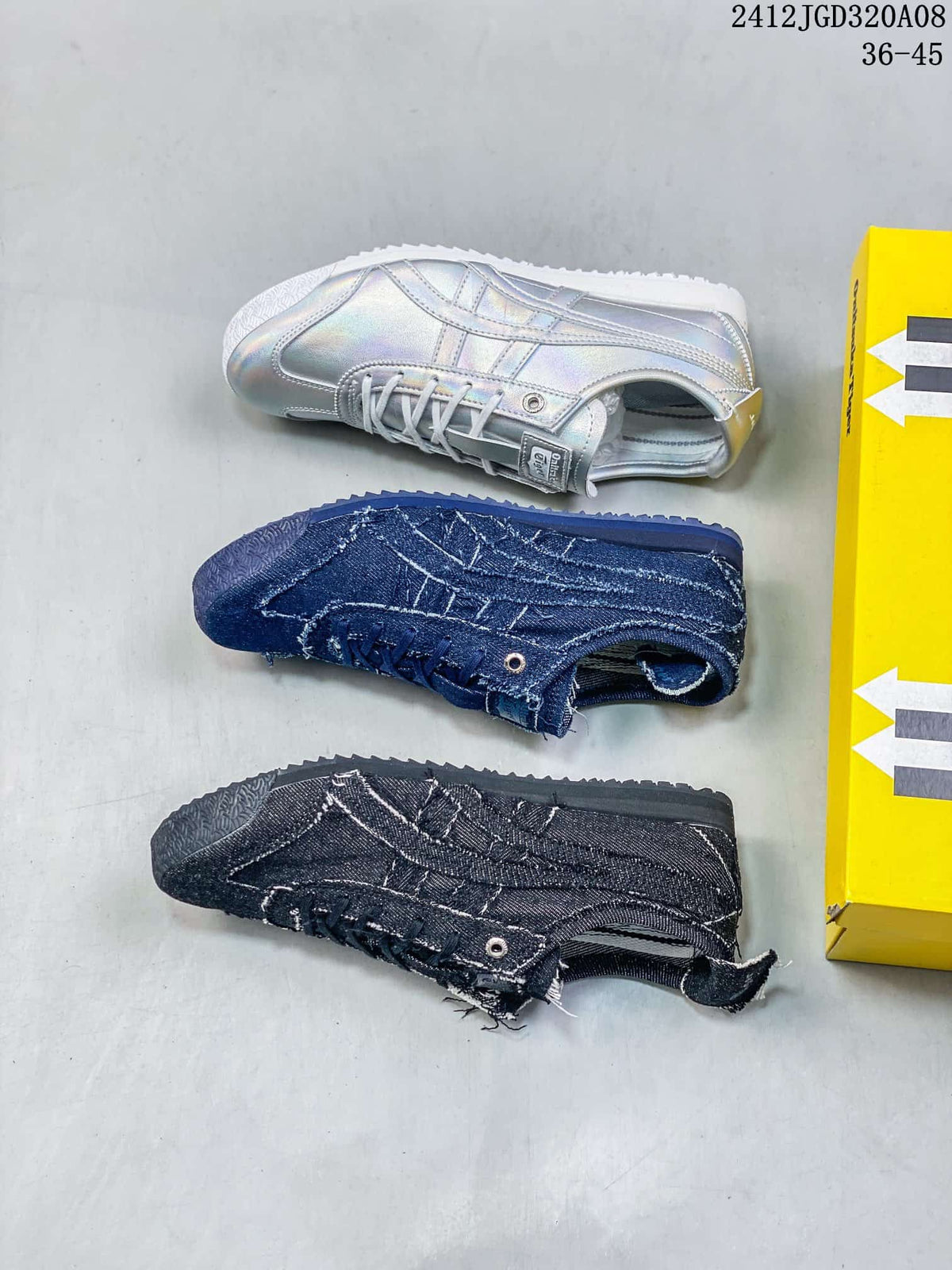 Three low-top sneakers shown in silver, blue denim-style, and black colorways beside a yellow shoebox; style code 2412JGD320A08 and size range 36–45 are visible.