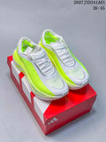 White and neon-yellow adidas Hyperboost Edge M running shoes displayed on a red adidas shoe box.
