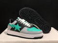 BAPE Bape Sta sneakers shown from the front and outsole, with turquoise, grey, black and white panels.