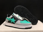 BAPE Bape Sta sneakers shown from the front and outsole, with turquoise, grey, black and white panels.