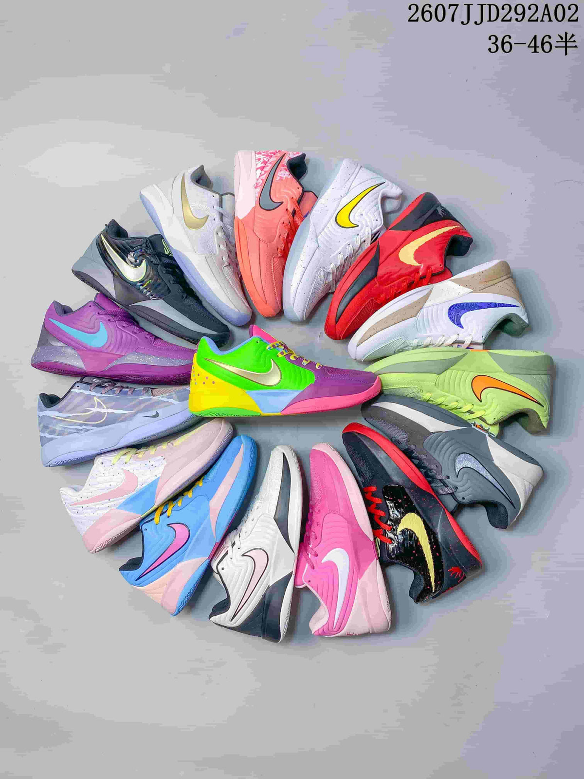 Collage showing multiple Nike JA 2 colorways arranged around a central shoe; visible text states 36–46.5 sizing.