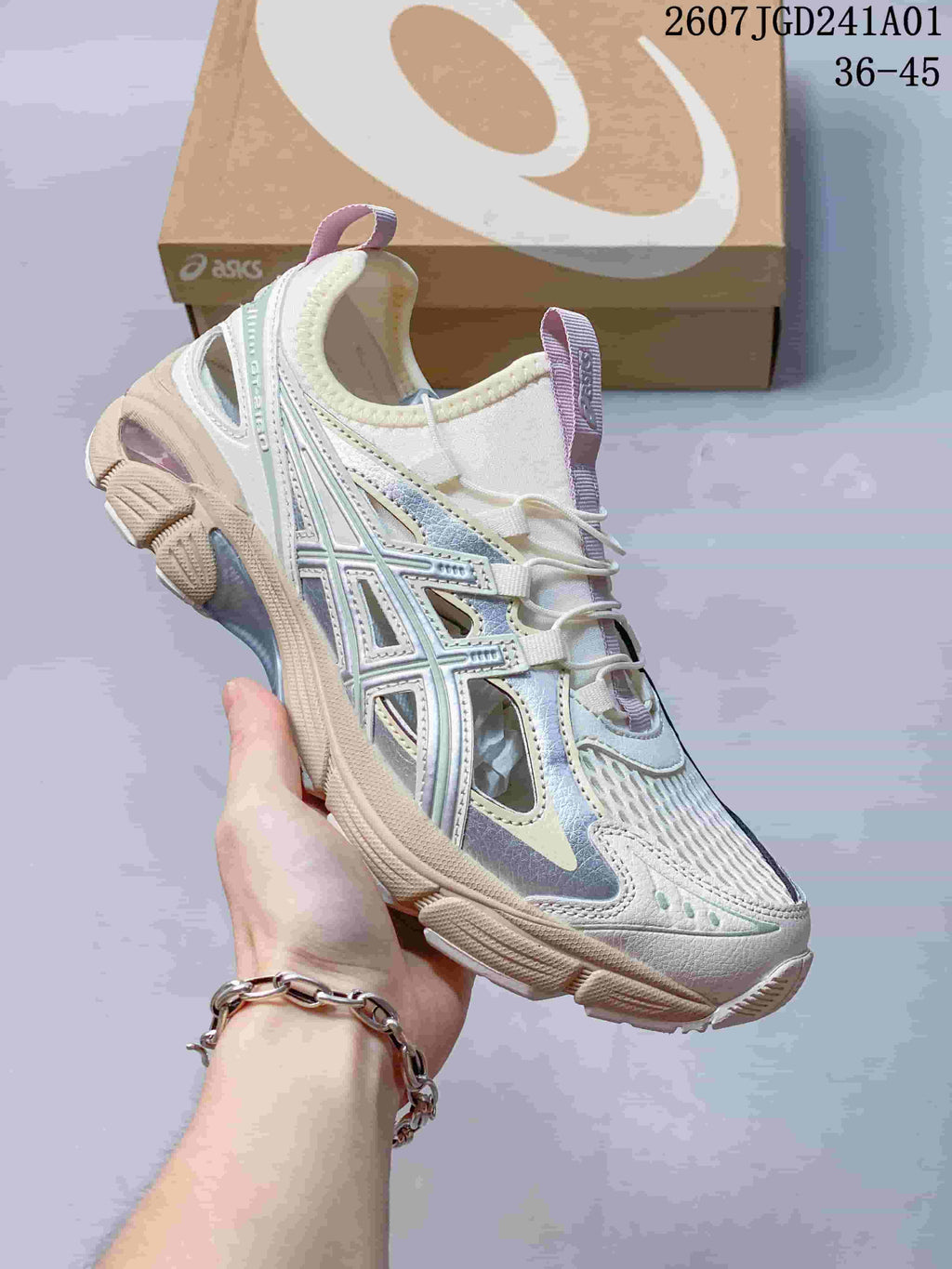 Angled side view of a cream ASICS GT-2160 Breeze sneaker with lilac and blue-gray accents