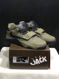 Olive and black Jumpman Jack sneakers displayed on a branded box, with the box size label visible.