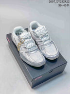 Pair of silver and white ASICS Hypersync sneakers displayed on a branded shoebox; overlay shows the model code and 36–45 size range.