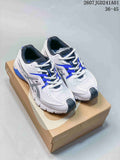 Pair of white and blue ASICS GEL-SD Lyte sneakers shown from above on a shoebox