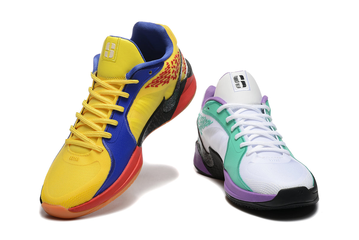 Front angled view of the yellow-and-blue and white-and-mint Sabrina 2 shoes.
