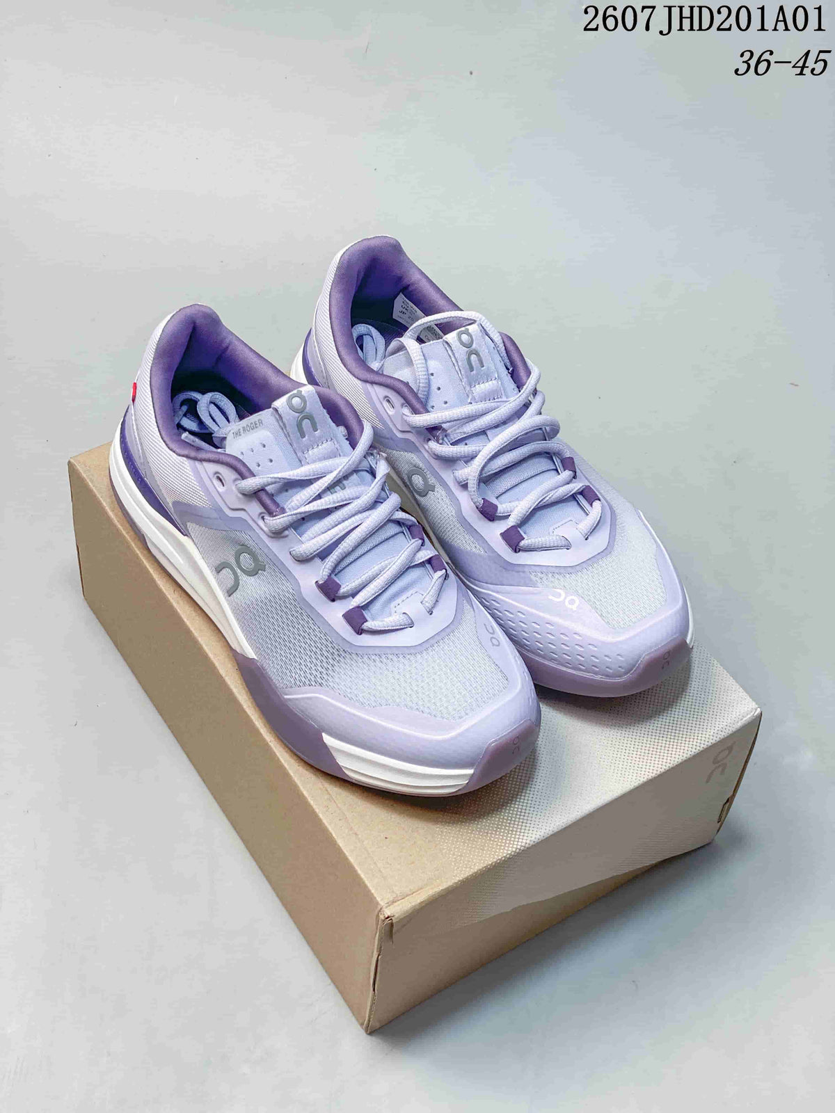 Pair of light lavender and white On THE ROGER ADV Pro tennis shoes on a shoebox; image overlay shows code 2607JHD201A01 and sizes 36–45.