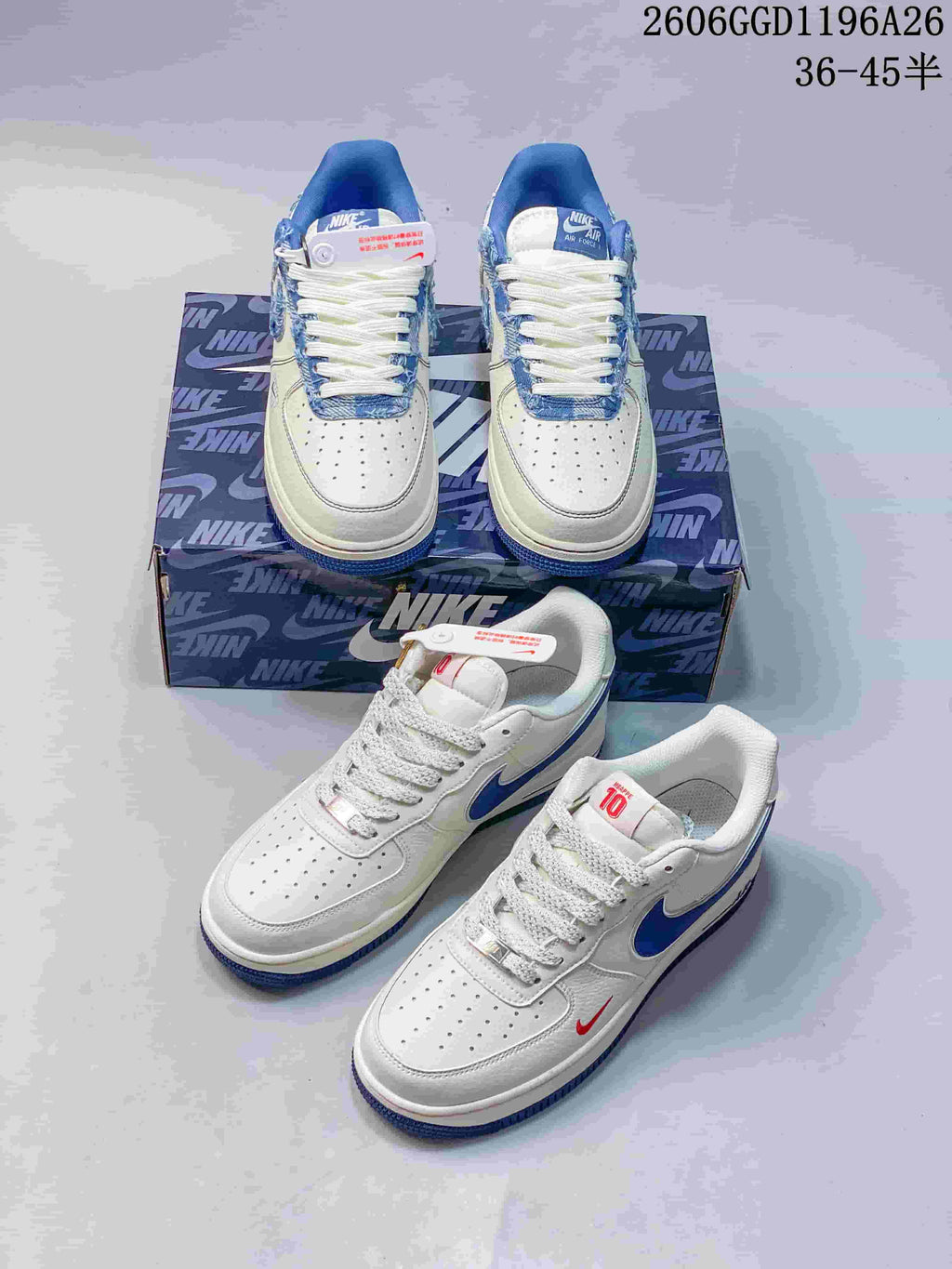 Several views of white low-top sneakers showing blue accents, including a pair with frayed denim-look detailing.