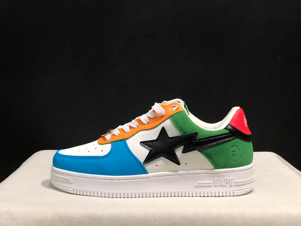 Opposite side profile showing the blue heel, orange eyelet panel, blue toe overlay, and black star detail.