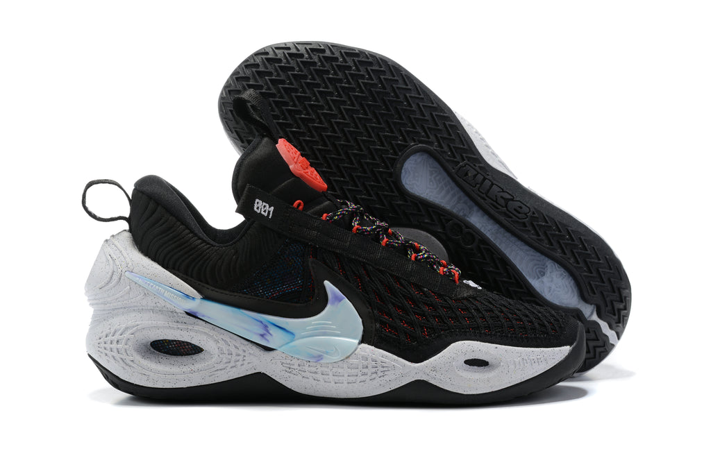 Black Nike Anthony basketball shoes with white sculpted soles and a pale blue accent.