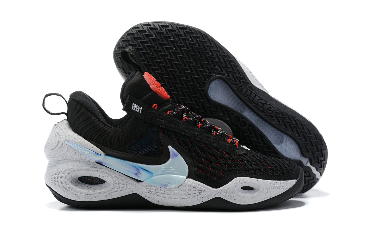 Black Nike Anthony basketball shoes with white sculpted soles and a pale blue accent.
