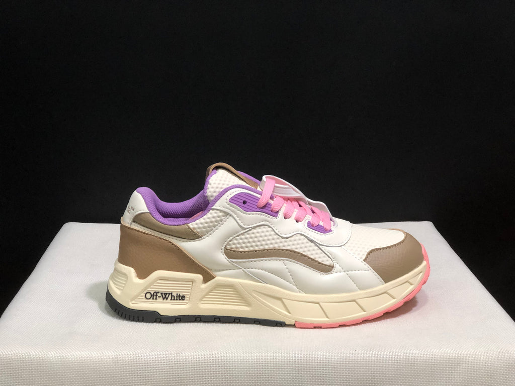 Single side view of the low-top sneaker showing the Off-White side marking, beige and white upper, pink outsole edge, and cream midsole.