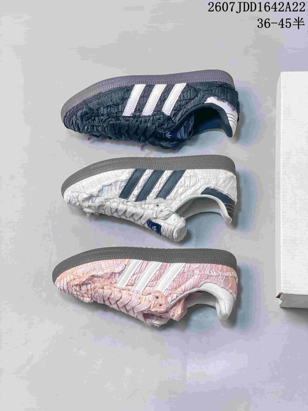 Side profiles of black, white, and pink ruched adidas Samba OG colorways.