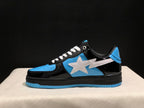 Side profile highlighting the white star detail, blue perforated toe box, black overlays, and low-top silhouette.
