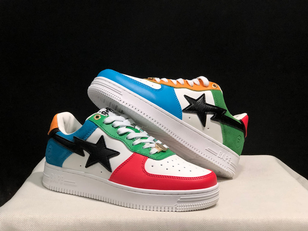Stacked side view showing the contrasting color panels, black star details, and white midsoles.