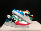Stacked side view showing the contrasting color panels, black star details, and white midsoles.