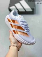 Angled side view of the white sneaker highlighting the metallic copper geometric panels and white sole; image text indicates 36–46.