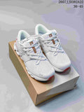 Pair of white and pink On Cloud X 4 low-top sneakers displayed on a shoebox; style code 2607JJD382A22 and size range 36–45 are visible.