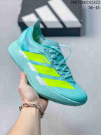 Turquoise Y-3 Adios Pro 4 sneaker with neon yellow-green side overlays; image text shows JDD242A22 and sizes 36–45.