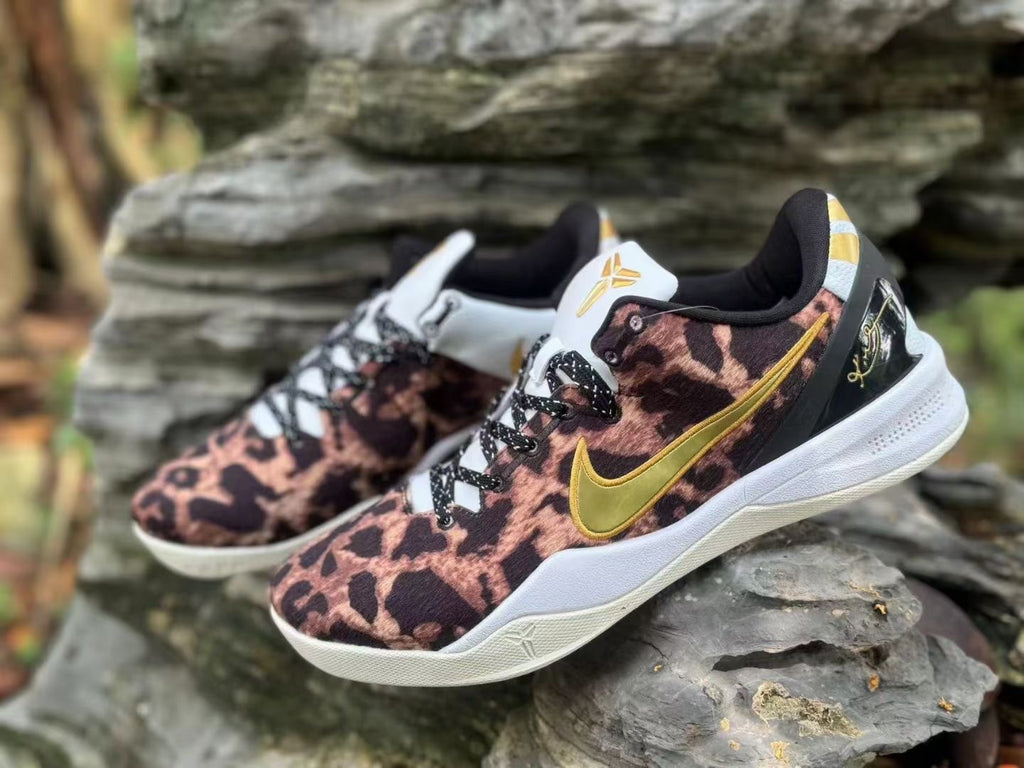 Close angled view of the leopard-print Nike Kobe 8 pair
