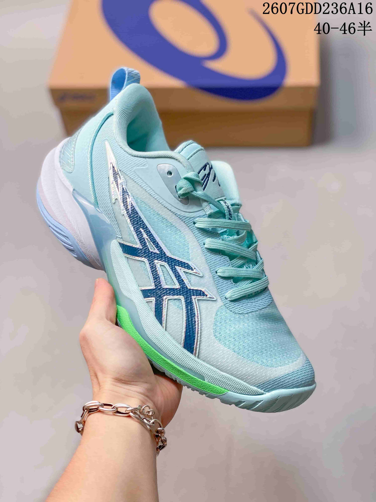 Side view of an aqua ASICS basketball shoe showing the blue side branding, lace-up closure and green outsole accent.