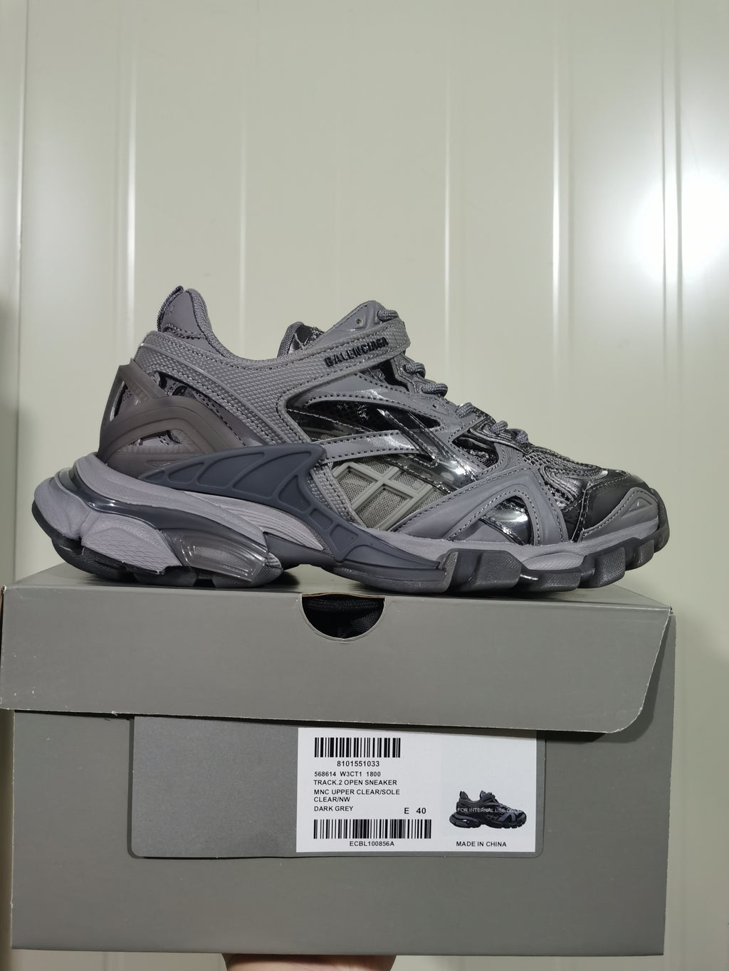 Dark grey Balenciaga Track.2 Open sneaker displayed on its box; the label identifies the style, color and photographed size.