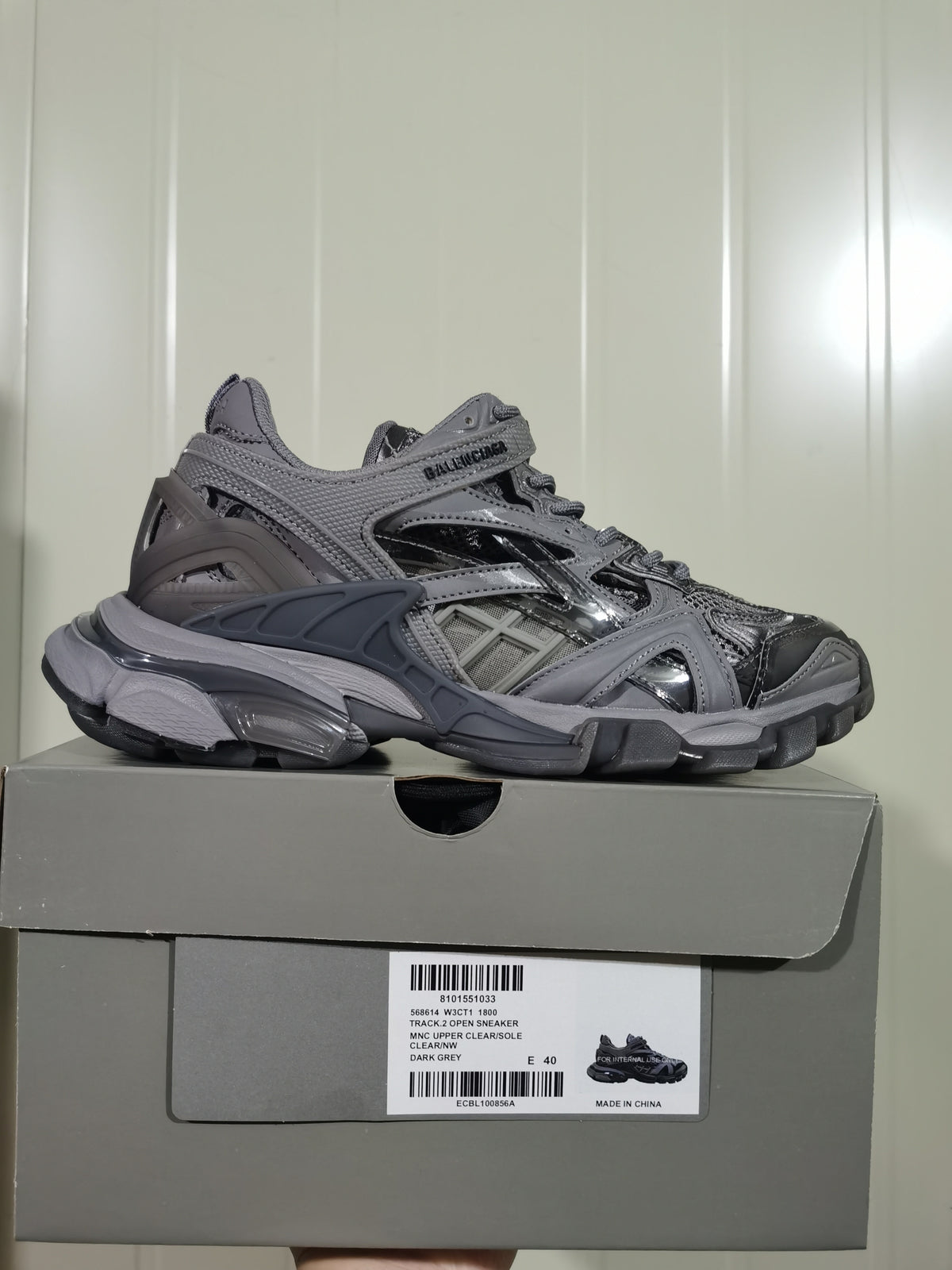 Dark grey Balenciaga Track.2 Open sneaker displayed on its box; the label identifies the style, color and photographed size.