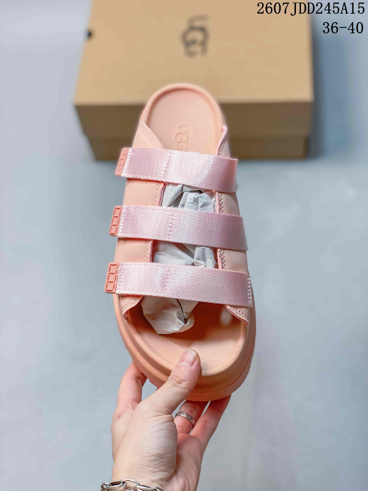 Top view of the pink sandal showing the three wide adjustable straps and contoured footbed.