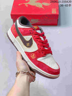 Close side view of the sneaker with horse-themed and floral decorative details